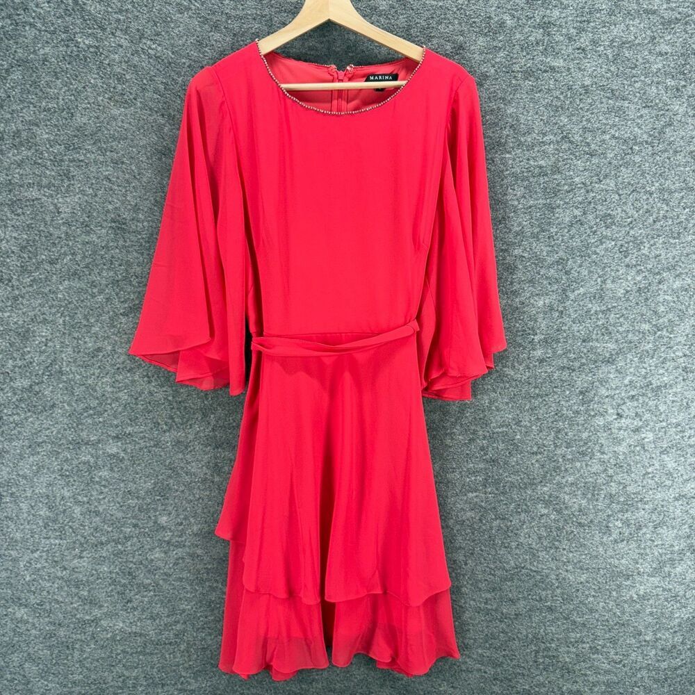 New Marina Dress Women 12 Pink Sheath Midi 3/4 Sleeve Zipper Belted Casual